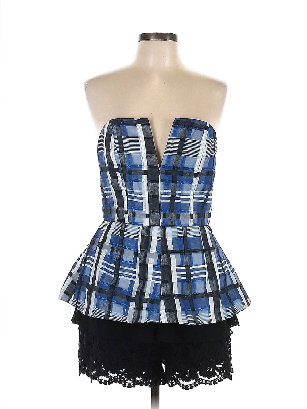 NBD Strapless Blue & White Plaid Peplum Romper